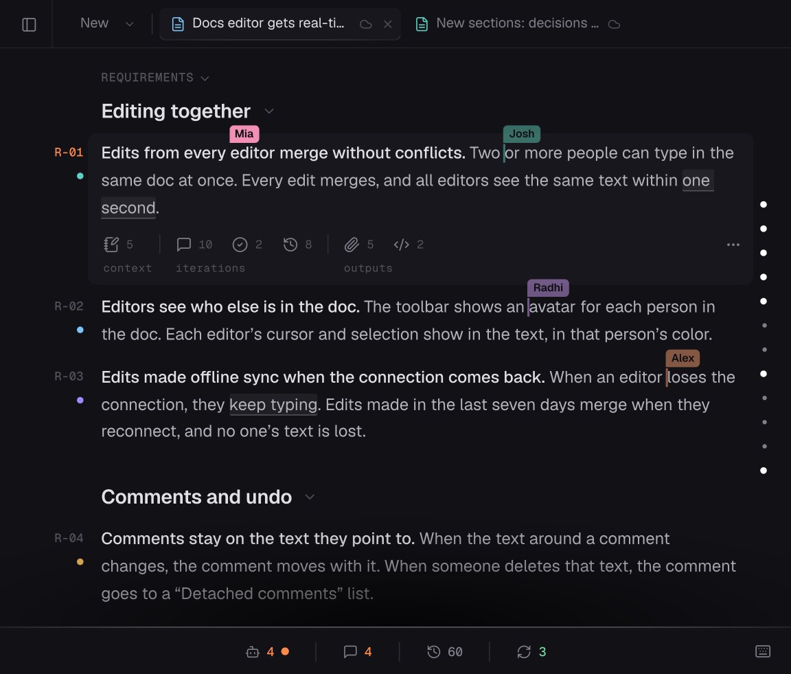 A requirement in the Periferal app, with its context, iterations and outputs, and four teammates editing it together